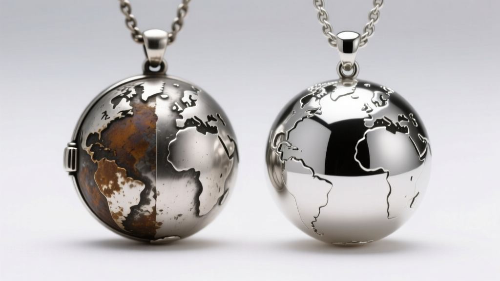 Split view of tarnished and rhodium-plated silver globe locket necklace, showing the protective benefits of surface metal plating