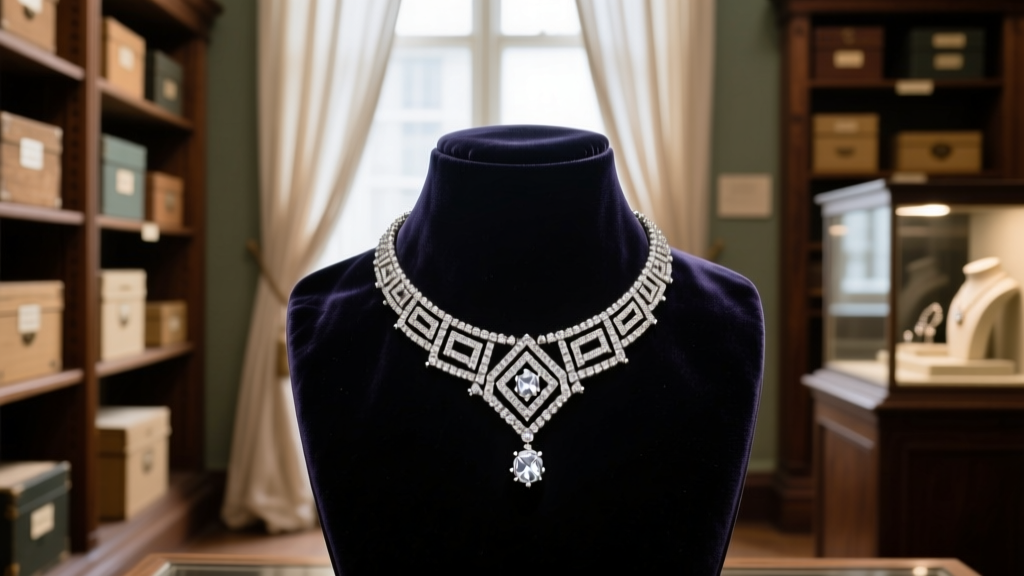 Vintage photograph of a lavish 1930s diamond bib necklace displayed on a dark velvet bust in a softly lit museum jewelry archive.