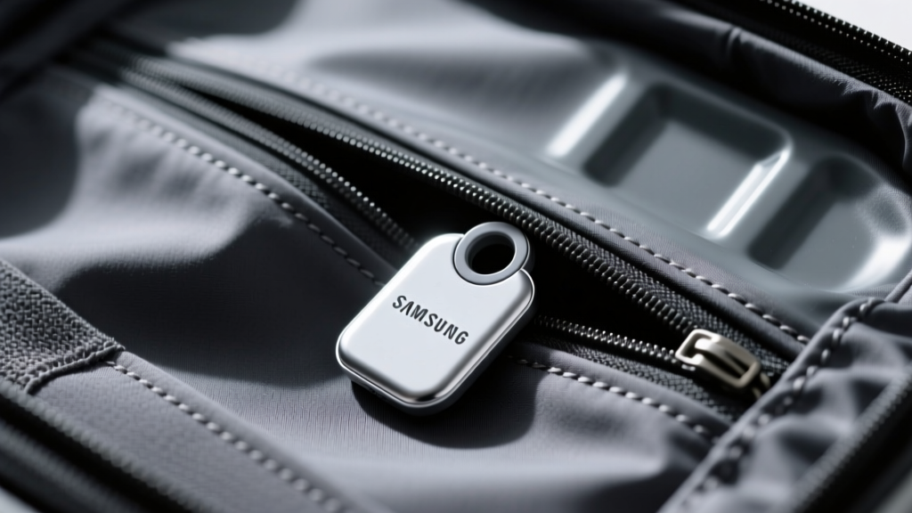 Close-up of a Samsung SmartTag2 hidden inside the secret lining of a dark grey hardshell carry-on suitcase zipper compartment