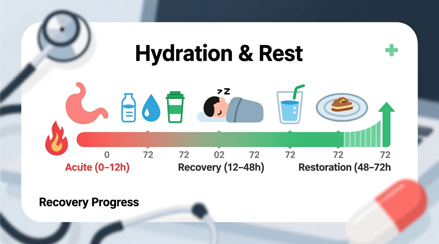 Food poisoning recovery timeline with hydration and rest