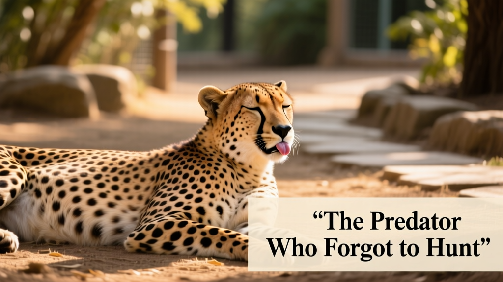 A cheetah resting peacefully in sunlight at a zoo exhibit, eyes closed and tongue gently protruding