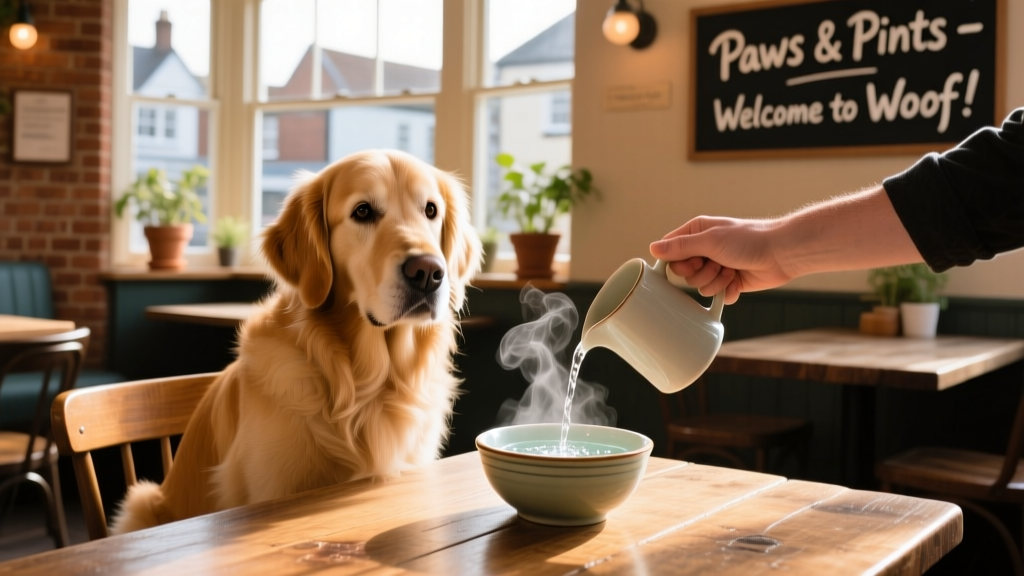 A dog being served a fresh water bowl at a dog-friendly restaurant in Cheltenham.