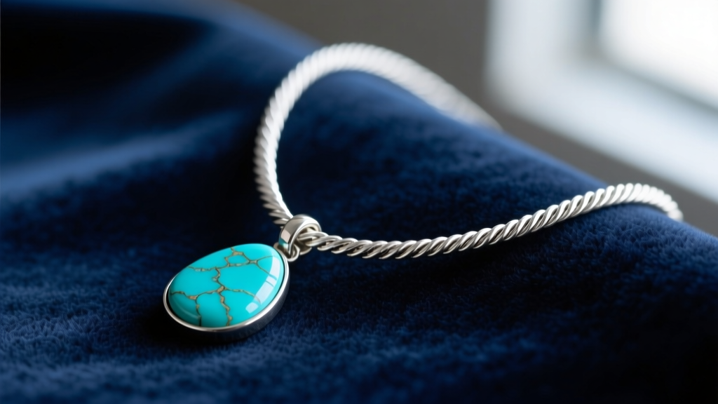 Close-up of a lariat turquoise necklace on velvet, focusing on the sliding cabochon drop and a sterling silver rope chain texture.