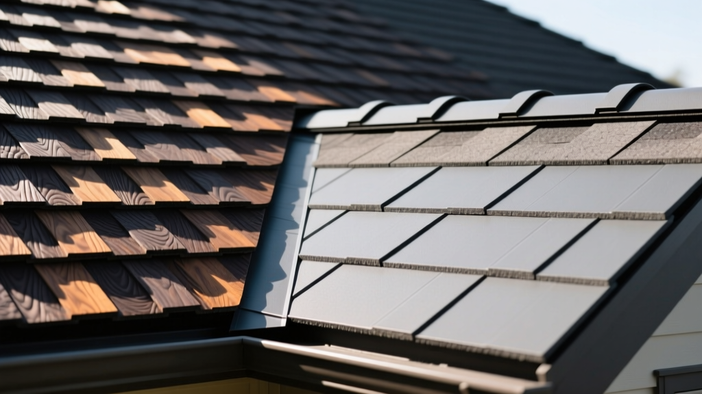 Close-up of a residential roof contrasting dimensional dark oak architectural asphalt shingles with flat grey 3-tab shingles