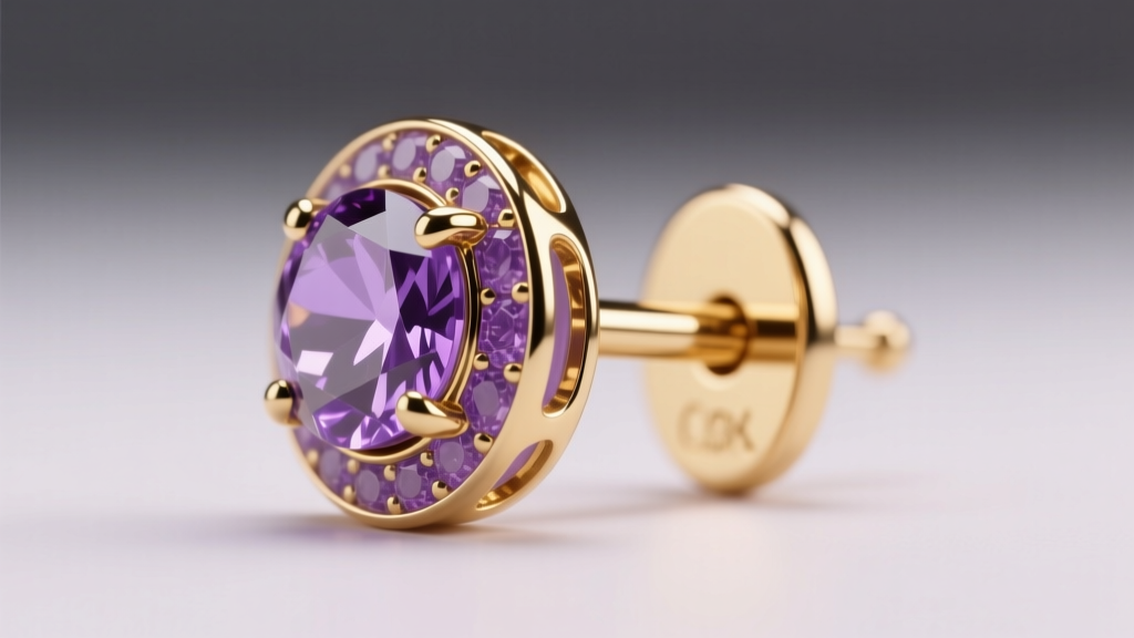 Macro view of a bezel-set purple gold earring showing the 18k gold post and shock-absorbing resin backing under soft studio light