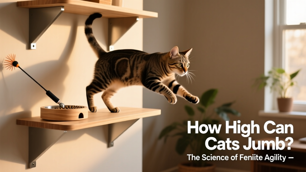 A cat confidently perched on a FurPetVo wall-mounted shelf system beside a puzzle feeder and teaser wand