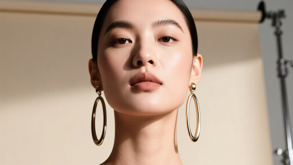 Model with a round face wearing elongated oval circle dangle earrings, demonstrating how vertical lines elongate the jawline