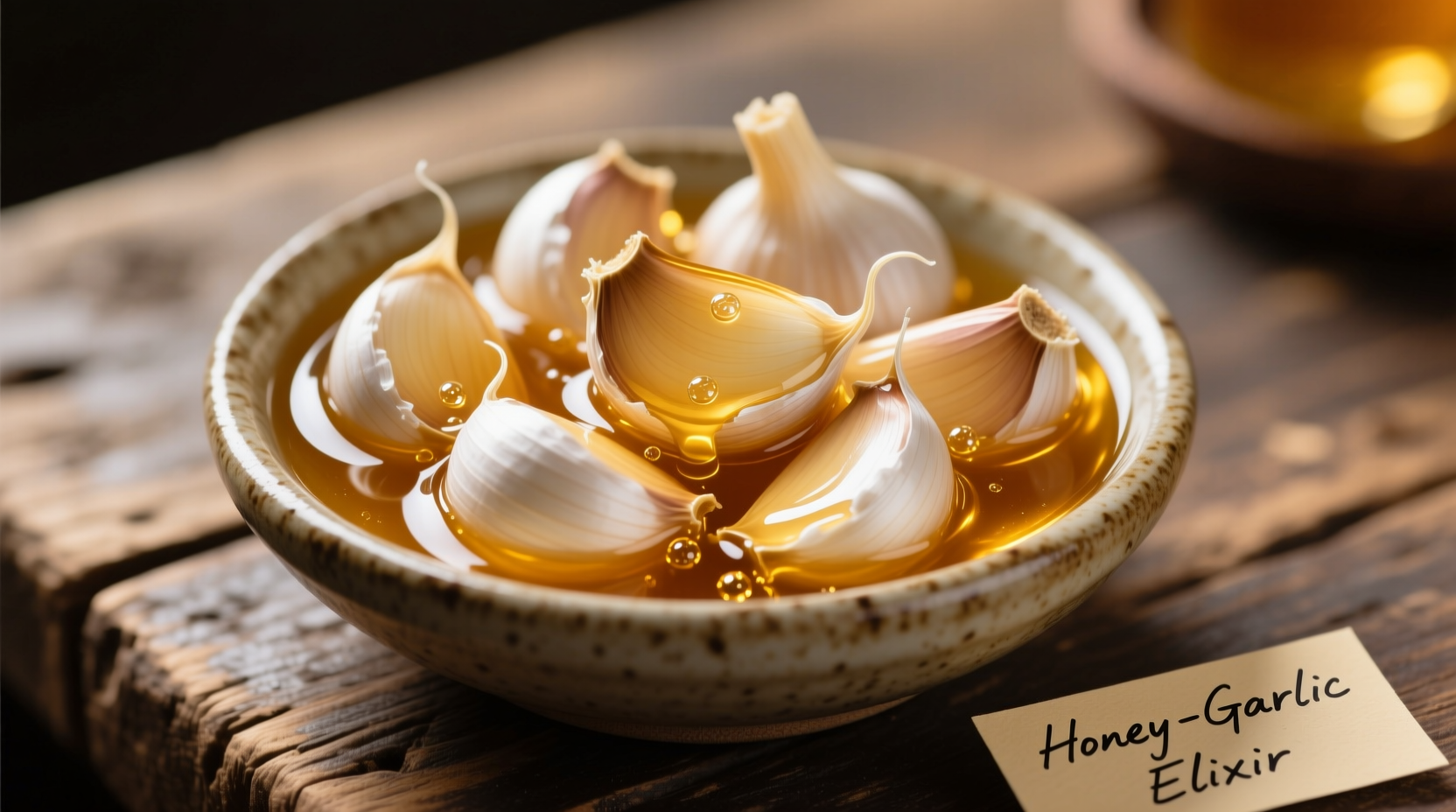 Garlic cloves submerged in golden honey