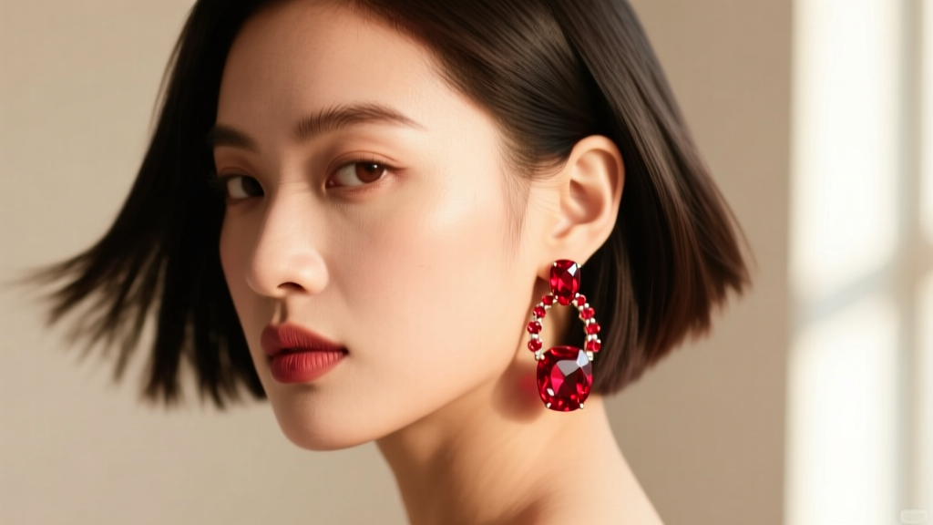 Close-up portrait of a woman with a bob wearing asymmetric ruby diamond hoops, gazing over her shoulder in soft natural daylight.