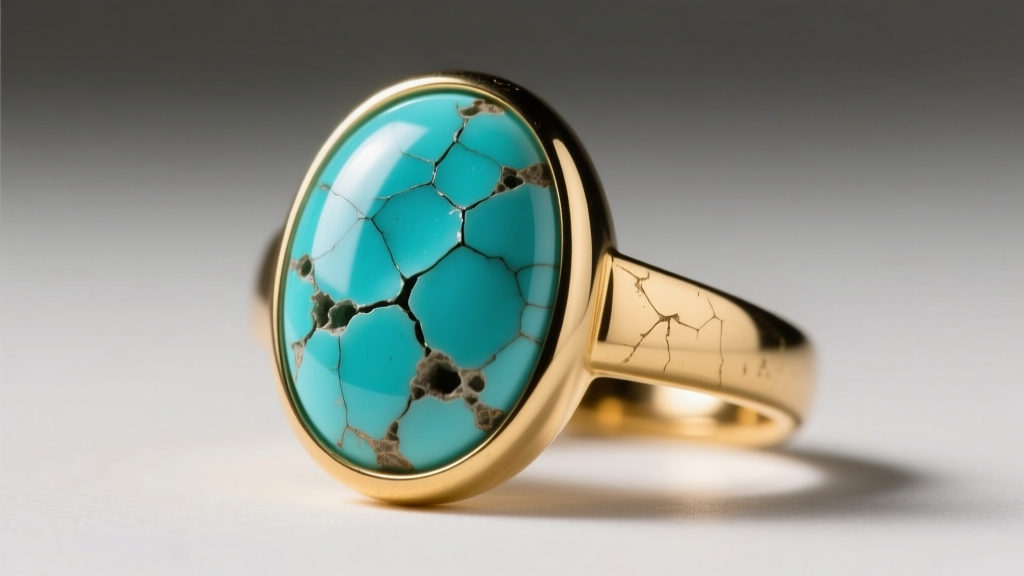 Macro shot of a porous turquoise cabochon ring in 14k gold, showing subtle matrix cracking from improper liquid cleaning methods