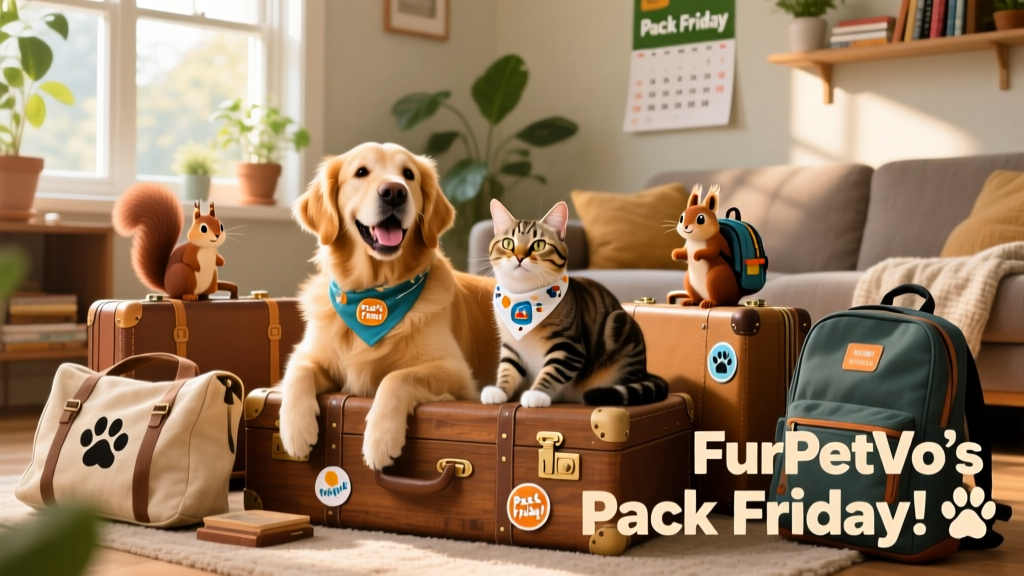 A vibrant digital banner for FurPetVo's Pack Friday event featuring pets, luggage, and friendly icons