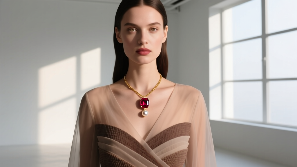 Model wearing layered stack, 16-inch ruby station piece with delicate 14k gold chain and pearl pendant, soft natural sunlight glow
