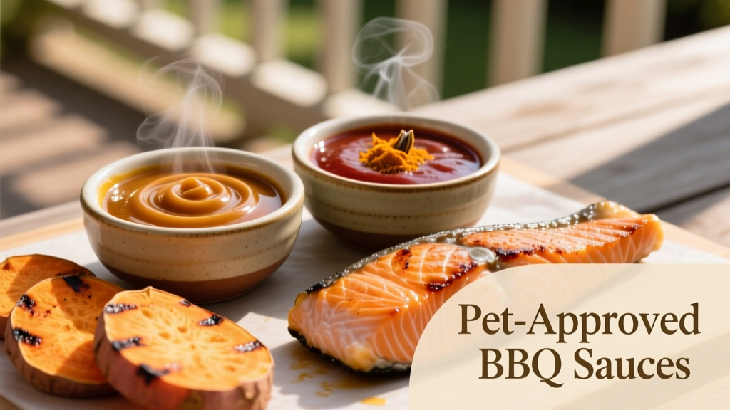 Close-up of two small bowls—one with golden-brown dog-friendly BBQ sauce, the other with reddish-brown cat-friendly sauce—next to fresh sweet potato slices and grilled salmon fillet