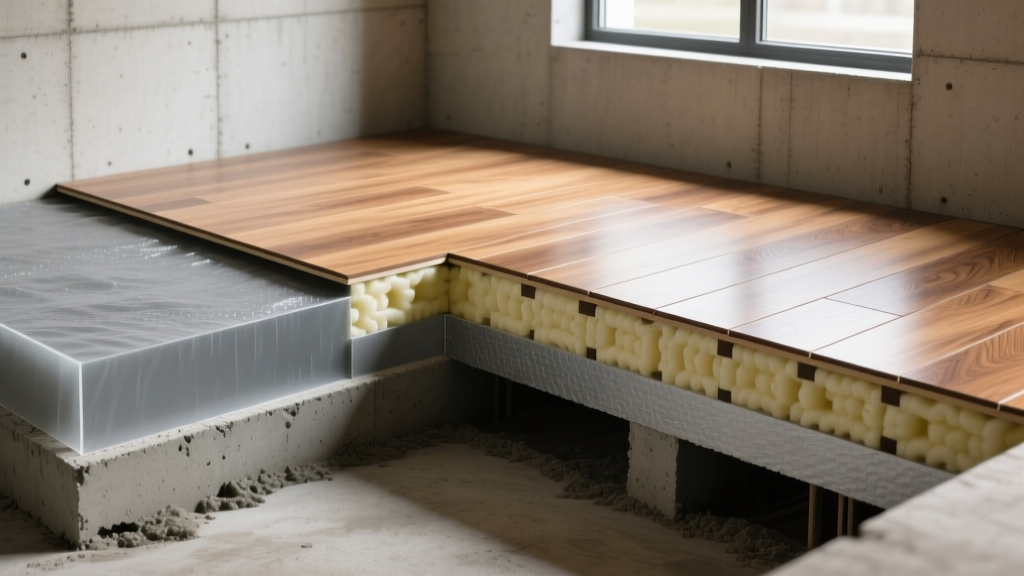 Cross-section diagram of a concrete basement subfloor with moisture barrier and luxury vinyl plank flooring installed above it