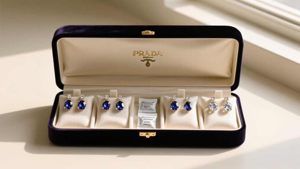 Velvet box displaying Prada crystal hoops in separate anti-tarnish flannel pouches beside small silica gel desiccant packets.