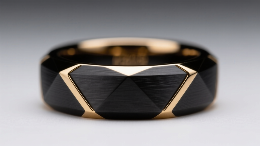 Macro photography of a 14k black gold signet ring with a brushed PVD matte finish and sharp geometric edges under studio lighting