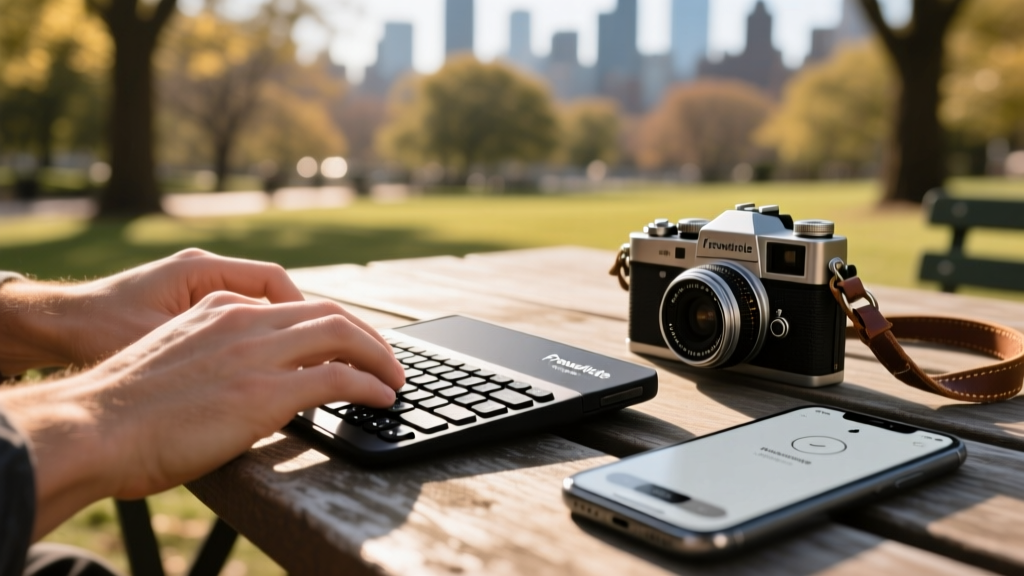 Hands typing on a Freewrite Traveler e-ink keyboard outdoors, next to a vintage digital camera and a modern smartphone.