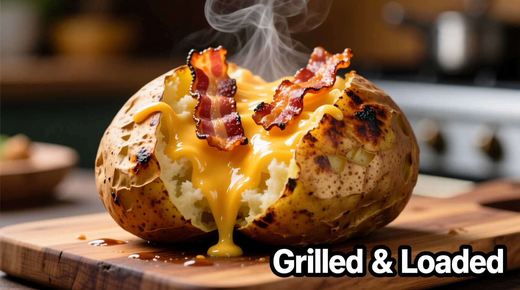 Perfectly grilled loaded potato with melted cheese and bacon