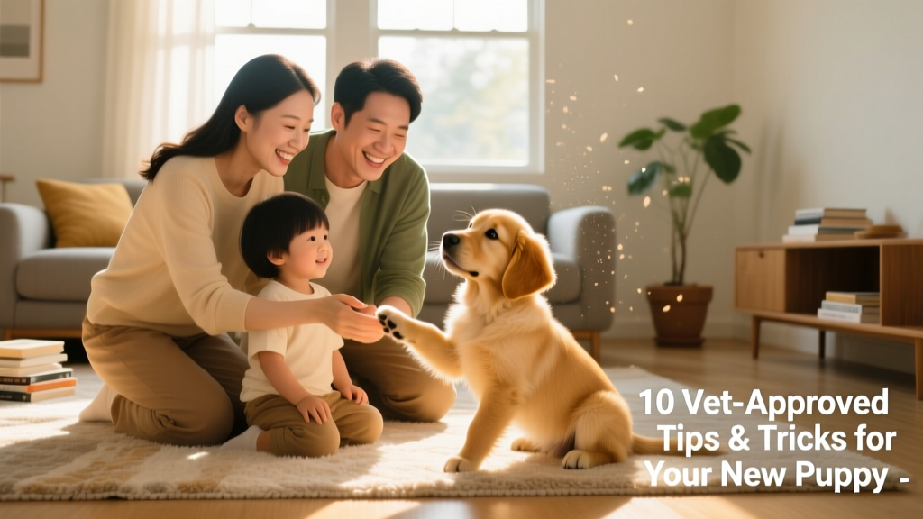 A joyful family kneeling beside a curious, gentle-eyed puppy on a sunlit living room floor