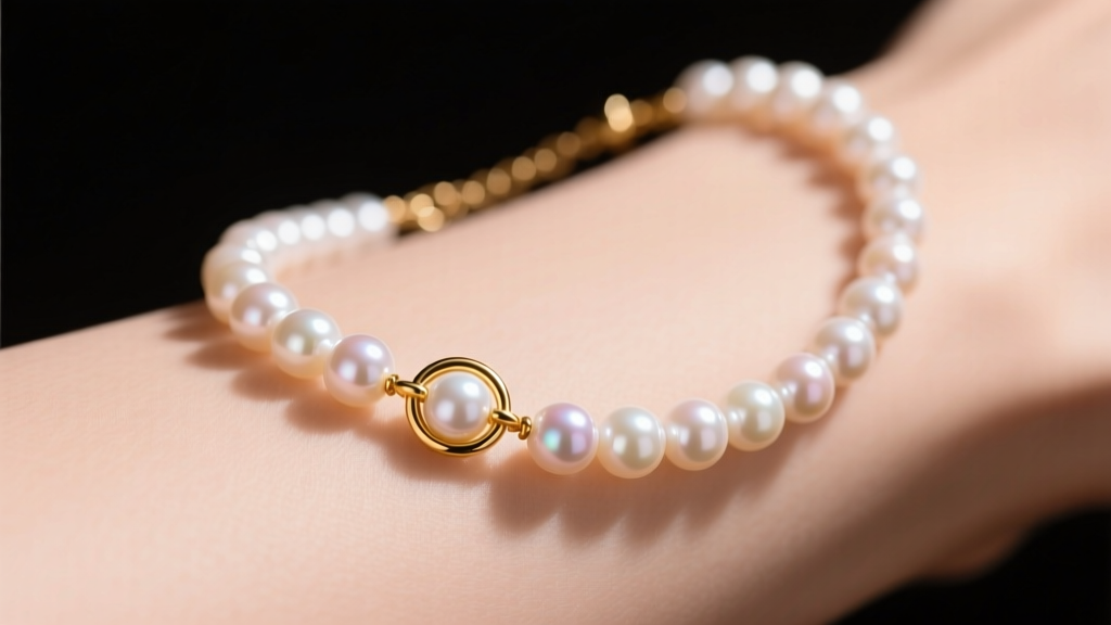 Pearl bead necklace on skin, showing pastel overtones and bright luster under warm light, shot from a high angle by a gold clasp.