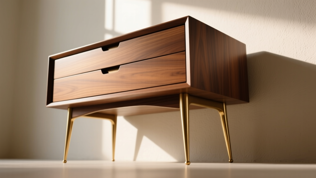 Low angle shot of a mid-century jewelry chest elevated on tapered brass hairpin legs highlighting the airflow gap beneath the base