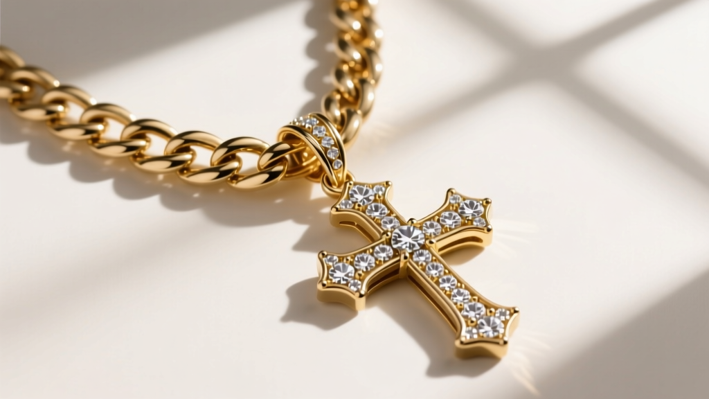 12mm 14k gold Cuban link chain threading through an oversized diamond-encrusted bail of a heavy religious medallion necklace.
