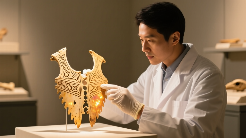A museum conservator wearing white cotton gloves carefully examining a delicate avian bone breastplate under soft, warm lighting.