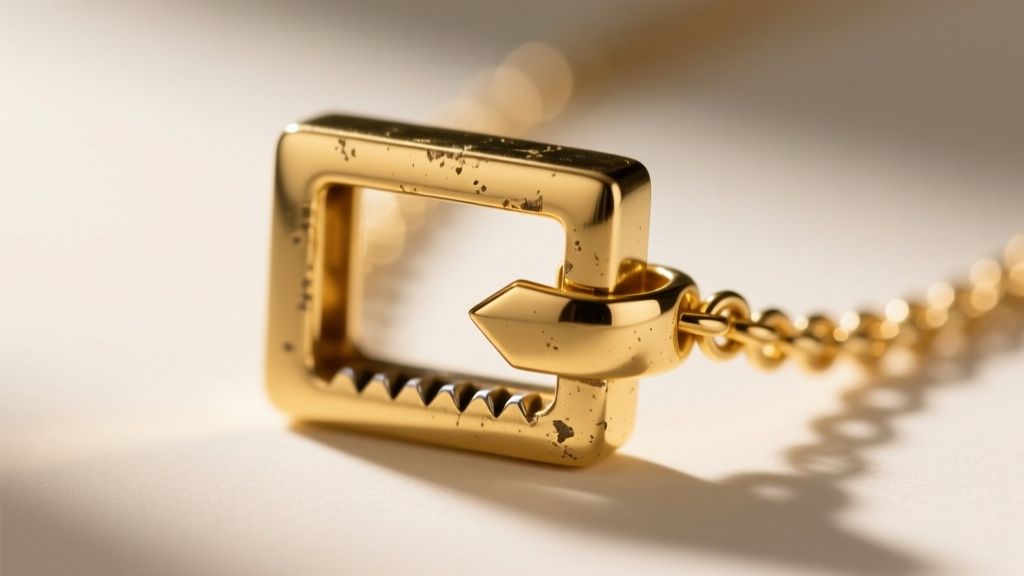 Macro shot of a damaged 14k gold box necklace clasp showing a worn, flattened internal metal tongue and missing friction teeth