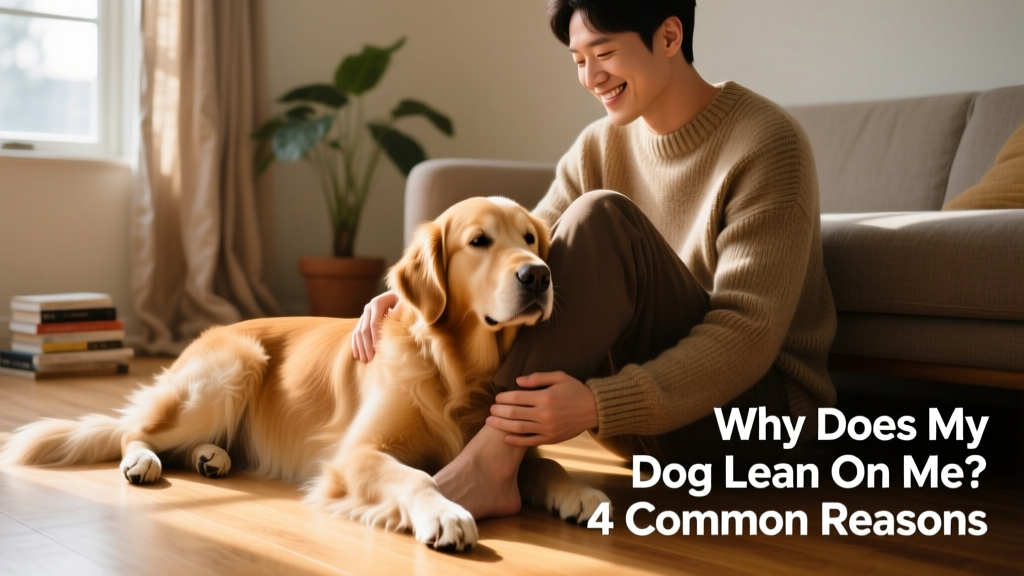 A golden retriever leaning gently against its owner's leg while sitting on the floor