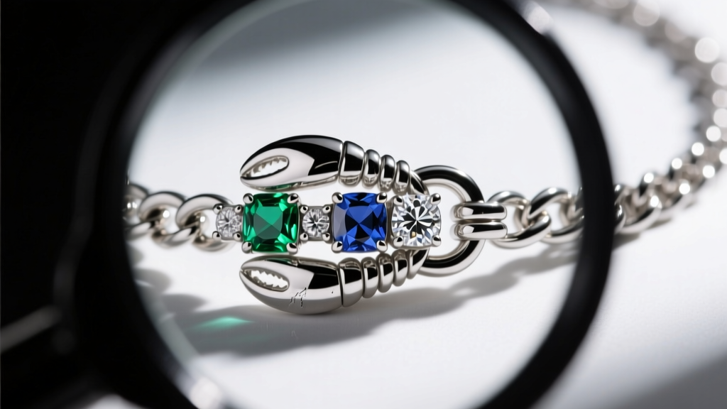 Jeweler loupe view of a platinum multi gem necklace clasp showing laser-welded security links and a heavy-duty sturdy lobster clasp