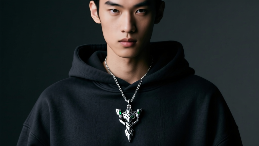Model wearing a silver Evangelion EVA-01 pendant necklace over a dark streetwear hoodie, captured in moody studio lighting