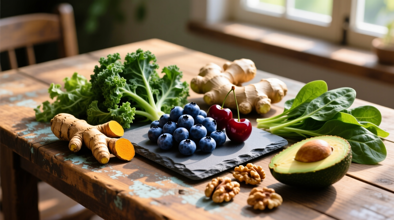 Colorful anti-inflammatory foods arranged on wooden table