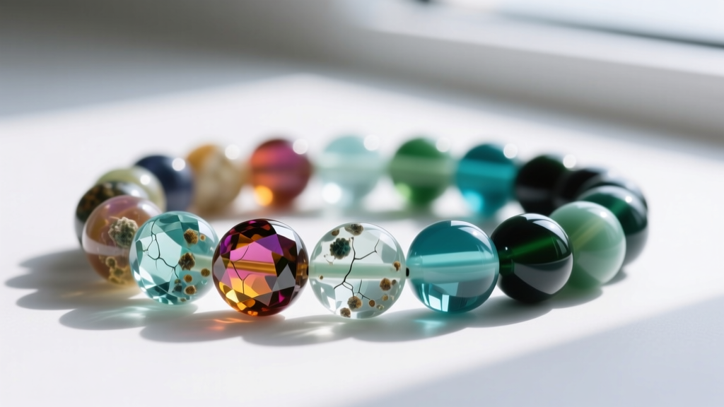 Natural multi-color sapphire beads with inclusions shown next to perfectly uniform, dyed glass imitation beads for comparison.