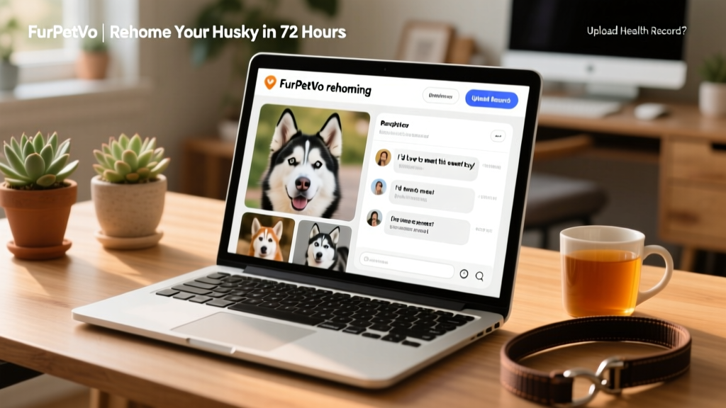 A desktop screen showing the FurPetVo rehoming dashboard with a Husky profile, adopter messages, and health record upload options