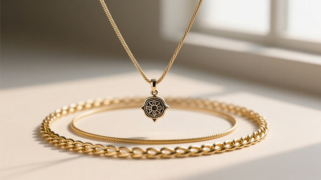 Layered stack with a delicate 16-inch cable chain holding a small chai charm, paired with a plain 18-inch gold herringbone chain.