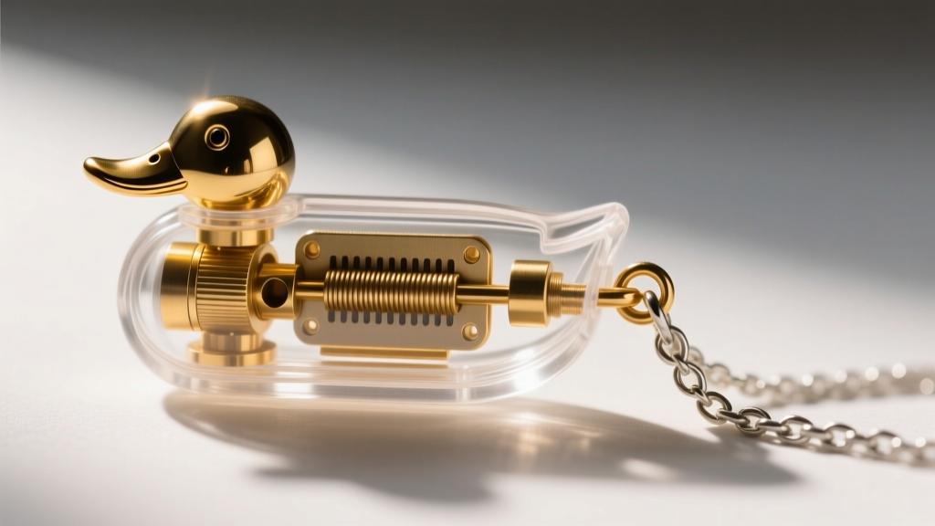 Macro photography of a brass reed and tone board inside a disassembled polycarbonate mini duck call pendant with silver chain
