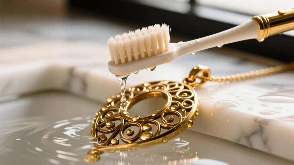 Close-up of a soft toothbrush gently scrubbing intricate filigree details of a brass fashion pendant under warm running water