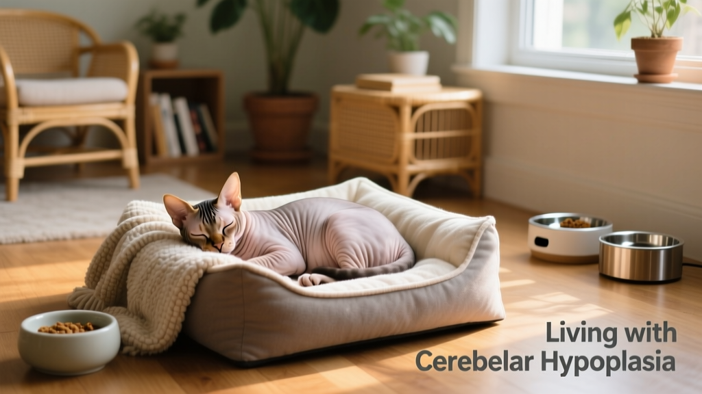 Cat with cerebellar hypoplasia comfortably resting in a padded, low-sided bed with soft blankets and nearby food/water stations