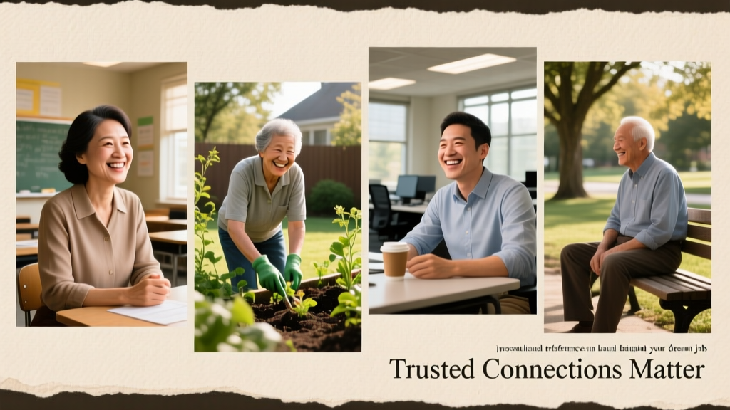 A collage-style image showing diverse people—a teacher, a neighbor, a coworker, and a longtime friend—each smiling warmly, symbolizing trusted personal connections
