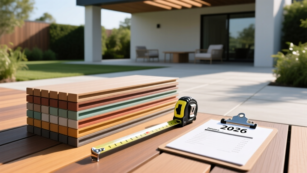 Stacked capped composite synthetic deck boards on a sunny patio next to a tape measure and a 2026 pricing estimate clipboard