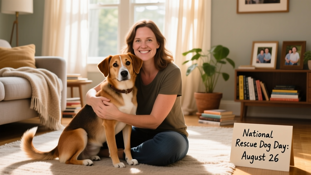 Lisa Wiehebrink sitting with her rescue dog Cooper on a cozy living room floor, both looking warmly at the camera