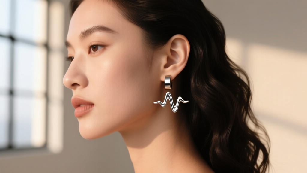 Model wearing a titanium soundwave huggie earring on the upper cartilage, showing a minimalist aesthetic in soft natural light.