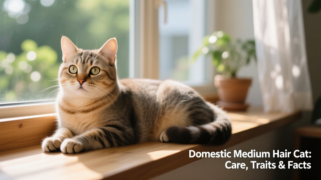 A relaxed Domestic Medium Hair cat lounging on a sunlit windowsill, showing its soft, mid-length coat and expressive eyes