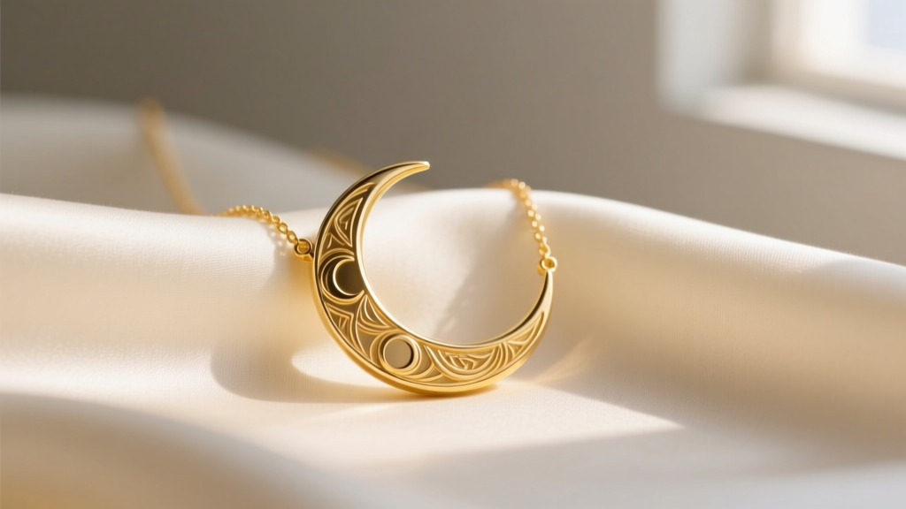 Close-up of a delicate 14k yellow gold crescent luna necklace on silk fabric, soft morning light highlighting the metal