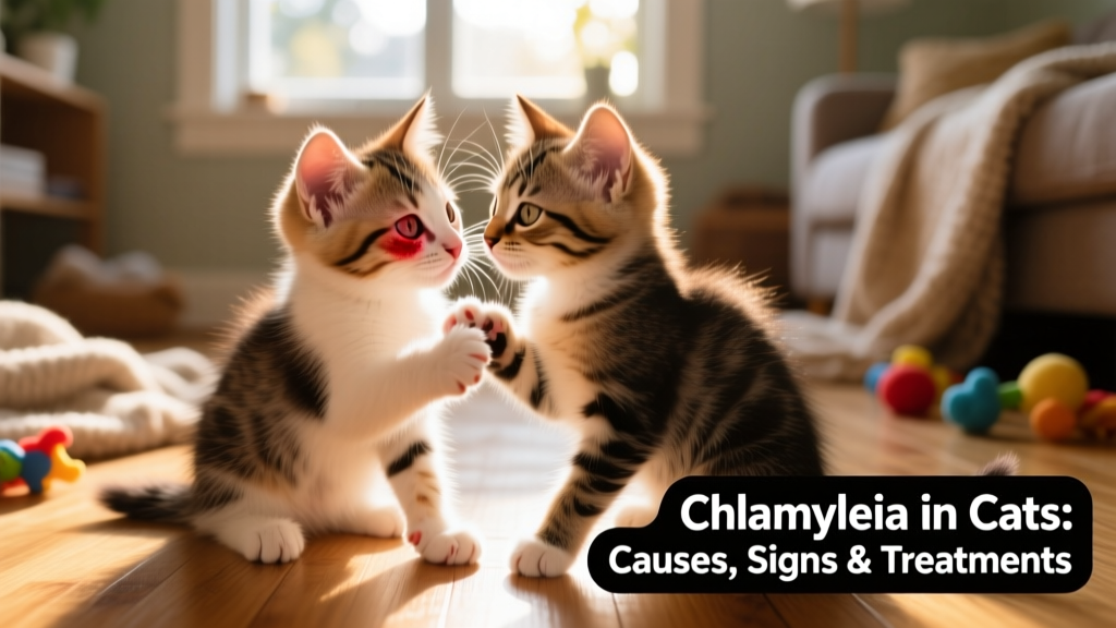 Two kittens playing together; one shows subtle eye redness, illustrating how easily the infection spreads in close contact
