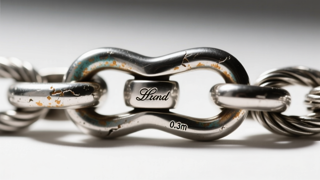 Macro shot of a 1.2mm oxidized sterling silver cable chain clasp with a tiny engraved hallmark and a secure lobster claw closure