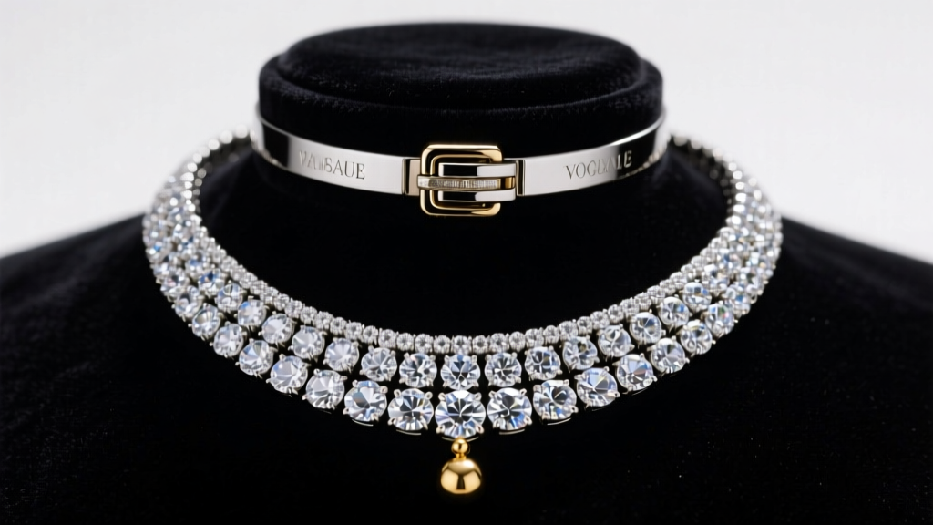 Heavy diamond big necklace on dark velvet, focusing on a secure box clasp and a small gold counterweight bead at the nape.