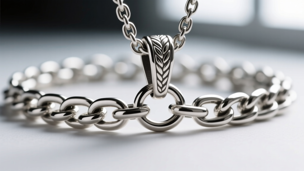 Macro shot of a heavy 3.0mm sterling silver wheat chain attached to a thick pendant bail, showing secure interlocking links.