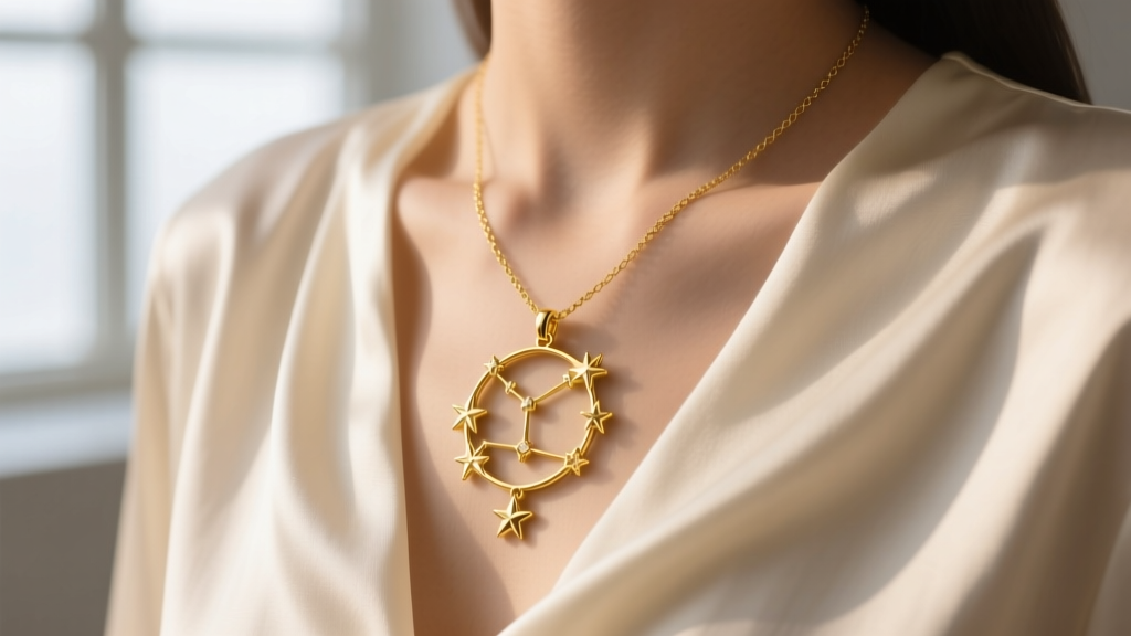 Close-up of a delicate 14k yellow gold Libra constellation necklace on a silk blouse, soft natural window lighting, elegant mood.