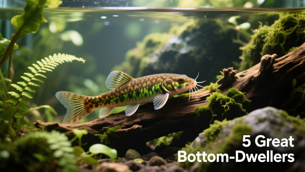 Twig catfish blending seamlessly against driftwood and mossy rocks in a lush, planted freshwater tank